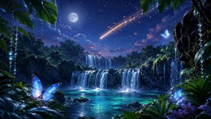 月夜蓝蝶星空瀑布仙境