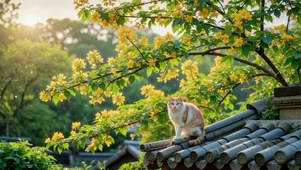 瓦顶橘猫 春日黄花暖光