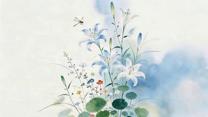 蓝调国风水彩花影