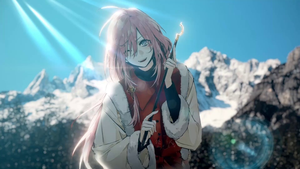 持杖粉发少女立于雪山与晴空之间，冷调日光从左上角斜射洒落。