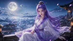紫发古风女神月夜观景