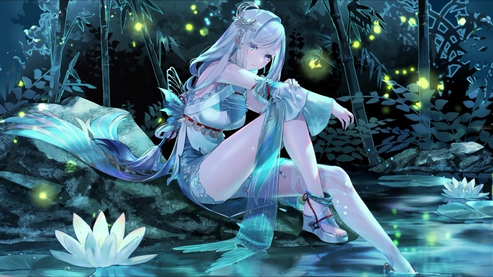 蓝发古风少女坐于荷塘岩石，赤足踏水，竹林间浮动萤火。