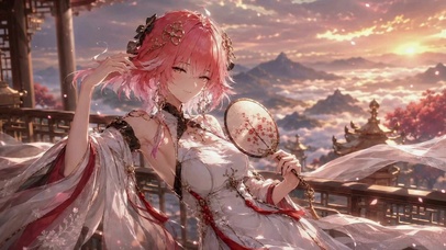 粉发古风美少女观云海日出