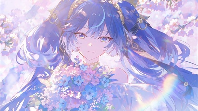 蓝发双马尾 樱花花束