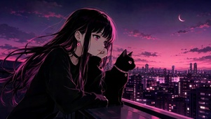 紫夜天台美少女与黑猫
