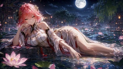 月下荷塘粉发少女