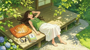 绿荫木屋前女孩