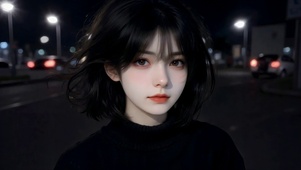 夜晚街头清冷短发美少女