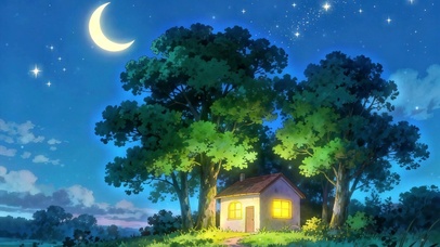 星空月亮树木小屋绿色护眼唯美