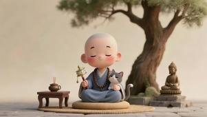 怀抱小猫咪诵经的小和尚