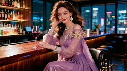 酒吧吧台旁优雅喝红酒的紫衣美女