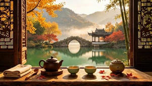 国风山水湖泊木屋