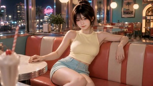 夜晚美式餐厅清纯美女