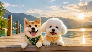 湖边栈道可爱萌犬日落美景
