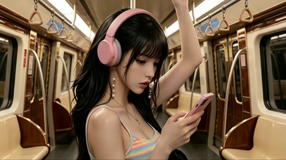 地铁上戴耳机听音乐的美女