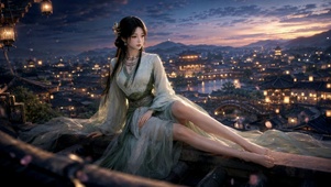 古风汉服美女古城夜景
