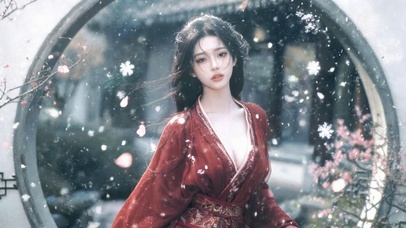 古风红衣美女雪景庭院