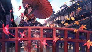 枫蝶伴伞渡红桥