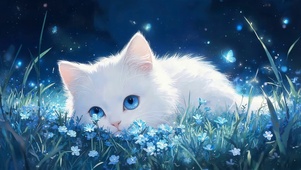 夜晚草地上猫咪