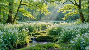 治愈林间溪流白花盛景