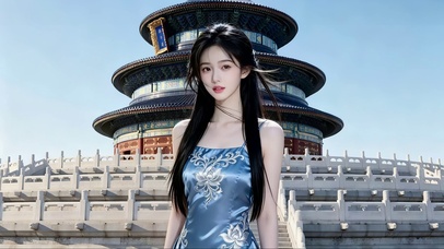 在天坛游玩的旗袍美女