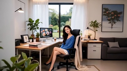 雅致工作室中工作的蓝衣美女