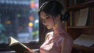 雨天看书女孩