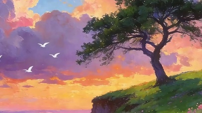 晚霞树木带鱼屏