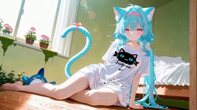 卧室阳光里的蓝发猫娘
