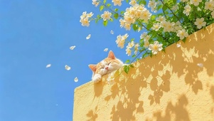 墙头鲜花猫咪