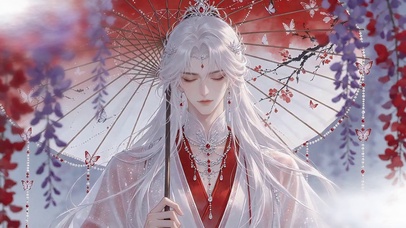 紫藤花下执伞白发少年