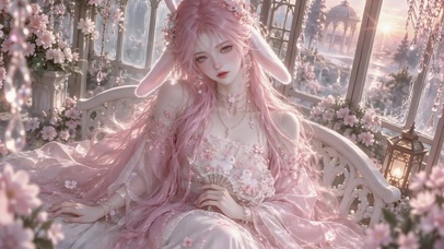 粉红花房兔耳粉发美女