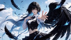 黑翼蓝发二次元美少女