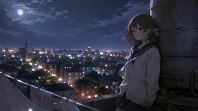 月夜天台的水手服少女