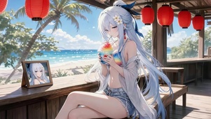 海边乘凉女孩