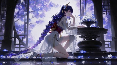 紫发古风美人庭院赏花
