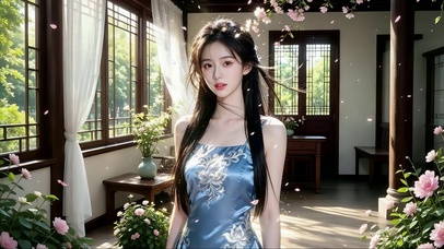 古宅大厅里赏景的美女