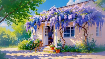 紫藤花下田园小屋