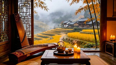 秋天乡村小屋雨景