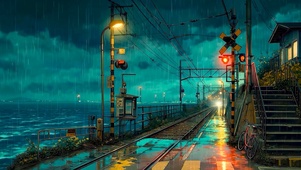 雨夜海边电车