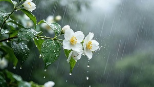 雨中白色山梅花