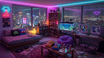 霓虹温馨雨夜房间