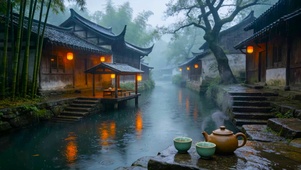 雨天古镇