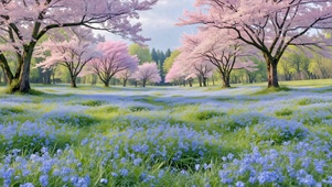 春日樱花蓝花田野风光