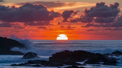 浓烈橘红落日・巨浪海面