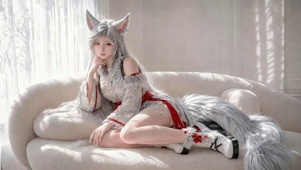 银发狐耳美少女治愈壁纸