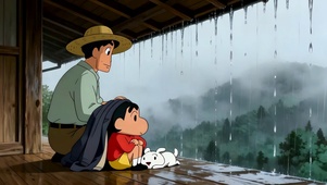 躲雨的父子俩