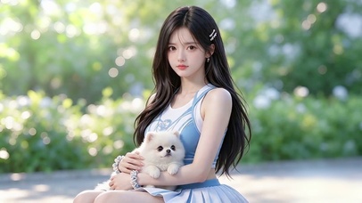 抱萌宠的淘气少女