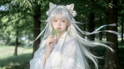 林间白发猫耳古风少女