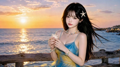 落日海边清纯美女